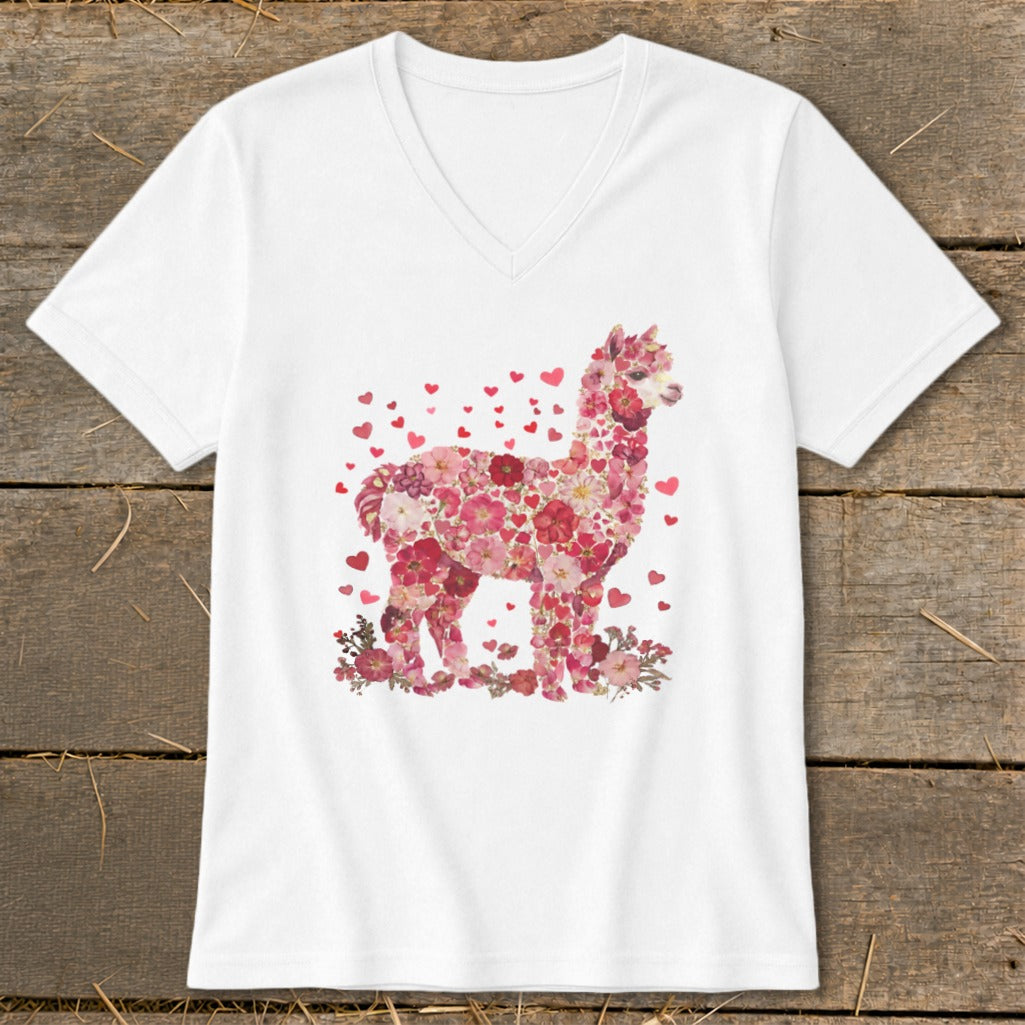 White v-neck t-shirt with a floral alpaca design and scattered hearts.