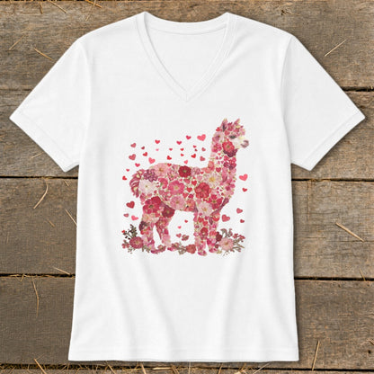 White v-neck t-shirt with a floral alpaca design and scattered hearts.