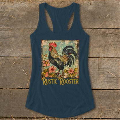 Dark blue tank top with a distressed graphic of a rooster and flowers, reading "Rustic Rooster".