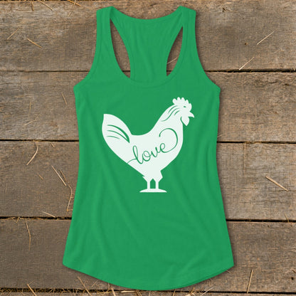 Green tank top with white chicken graphic and the word "love"