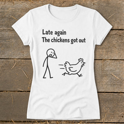 White t-shirt with black text and drawing of stick figure and chicken.