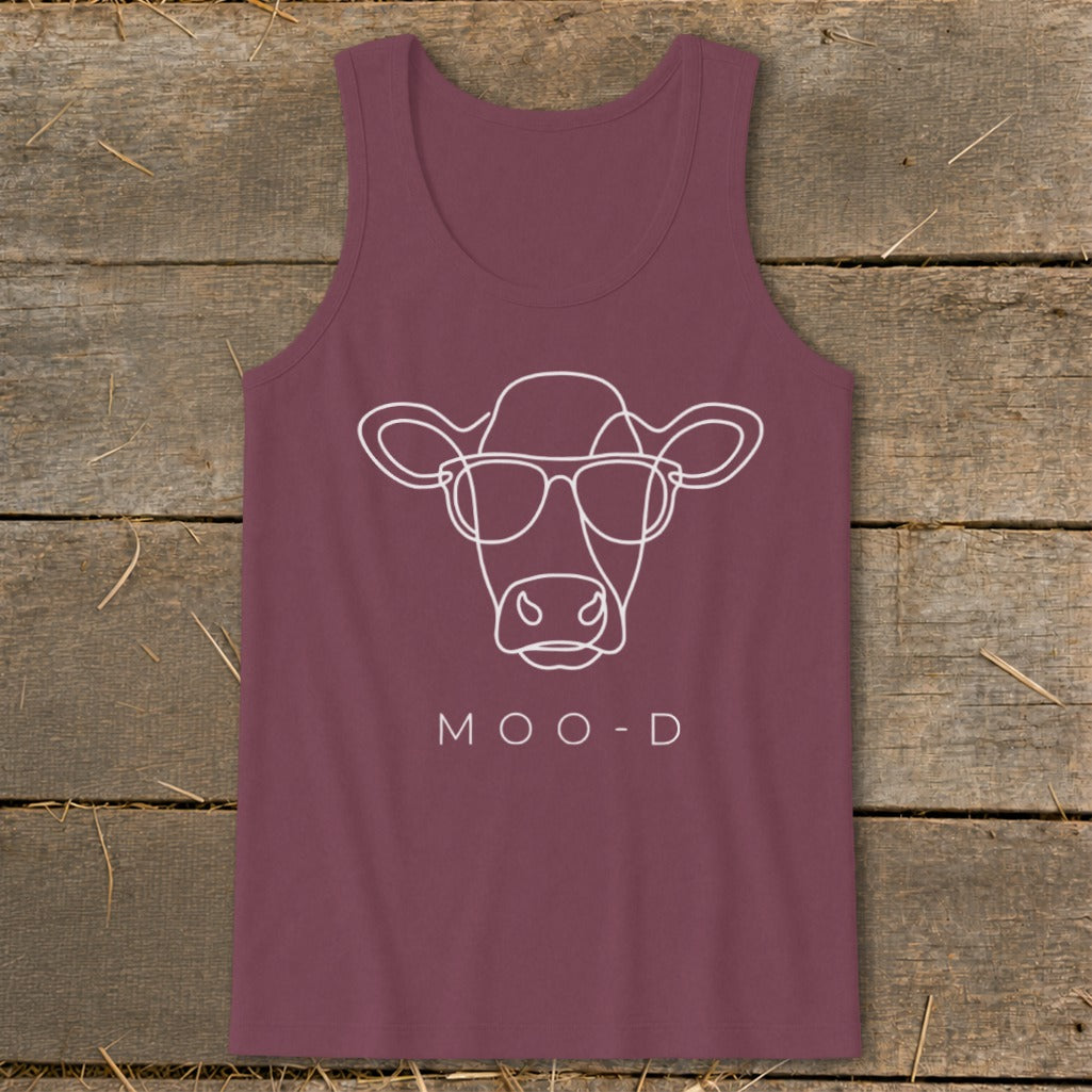 Maroon tank top with white line art of a cow wearing sunglasses and "MOO-D" text.
