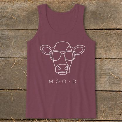 Maroon tank top with white line art of a cow wearing sunglasses and "MOO-D" text.
