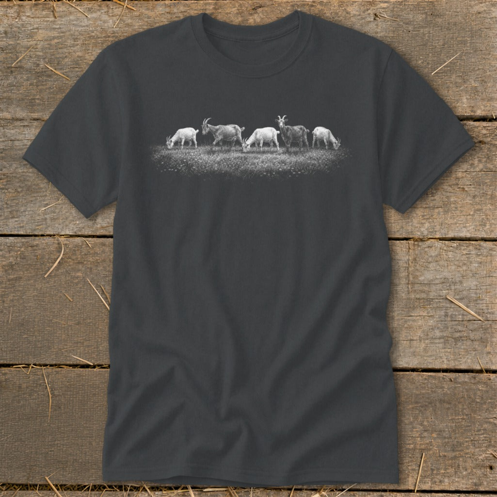 Dark grey t-shirt with a line of goats grazing in a field.