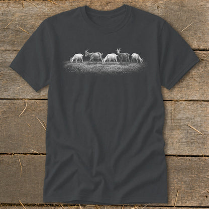 Dark grey t-shirt with a line of goats grazing in a field.