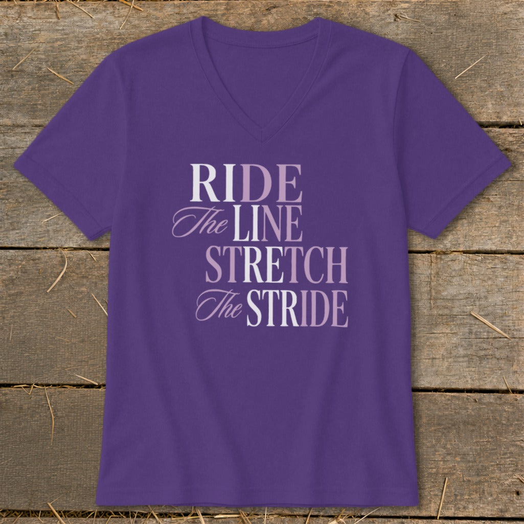 Purple t-shirt with "RIDE The LINE STRETCH The STRIDE" text.