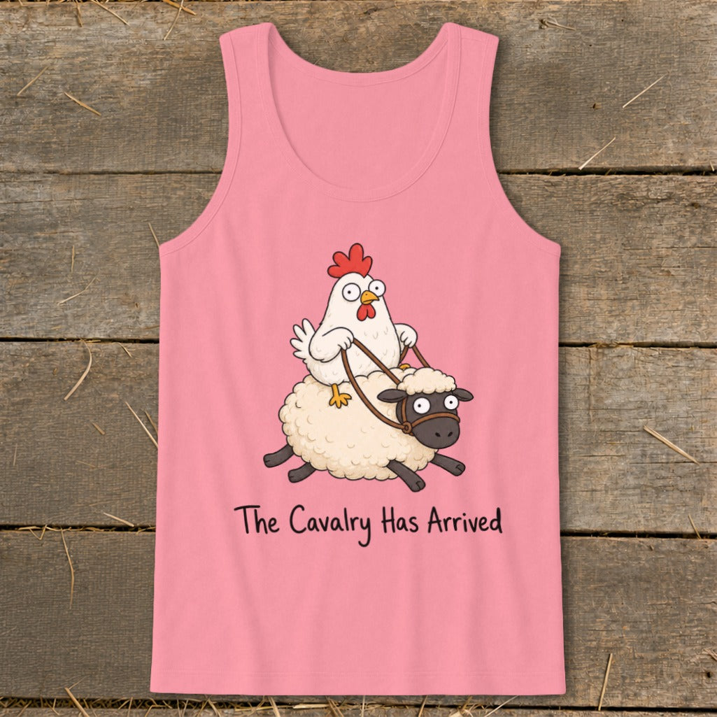 Pink tank top with a cartoon chicken riding a sheep, text says "The Cavalry Has Arrived".