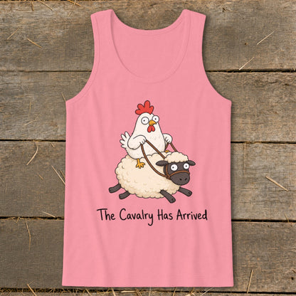 Pink tank top with a cartoon chicken riding a sheep, text says "The Cavalry Has Arrived".