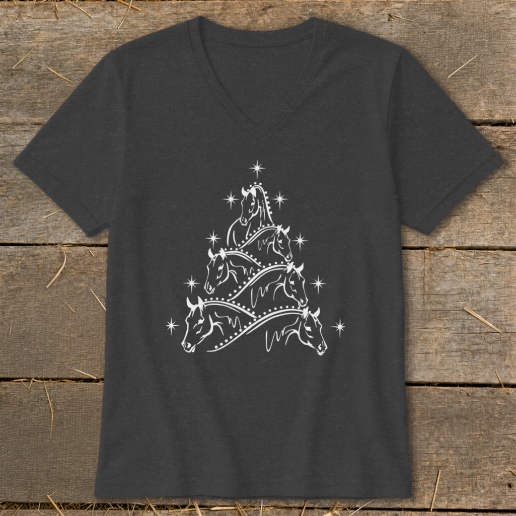 Dark grey v-neck t-shirt with white line art Christmas tree made of horse heads.