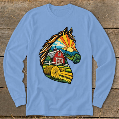 Light blue long-sleeve crewneck shirt with a graphic of a horse head framing a country farm landscape.