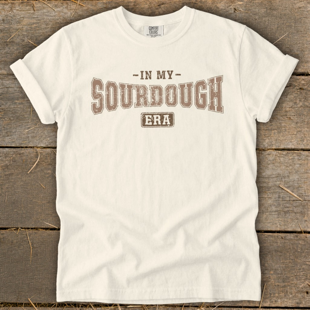 Cream t-shirt with brown text "In My Sourdough Era"