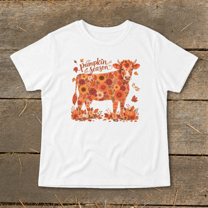 White t-shirt with a cow made of autumn flowers and pumpkins, text "pumpkin season".