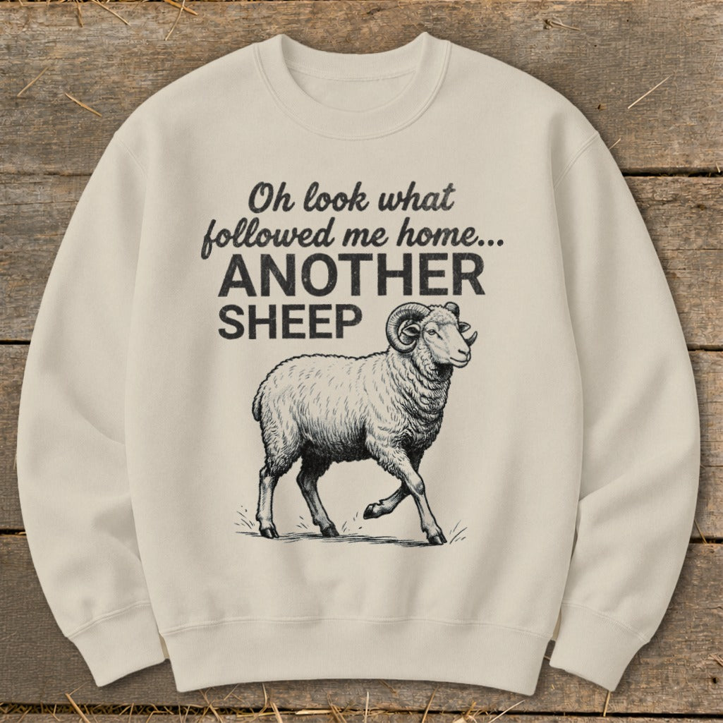 Cream sweatshirt with text "Oh look what followed me home... ANOTHER SHEEP" and a sheep illustration.