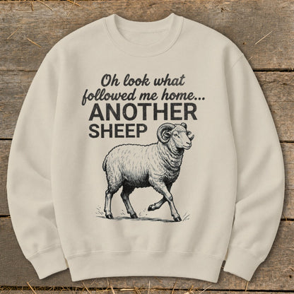 Cream sweatshirt with text "Oh look what followed me home... ANOTHER SHEEP" and a sheep illustration.
