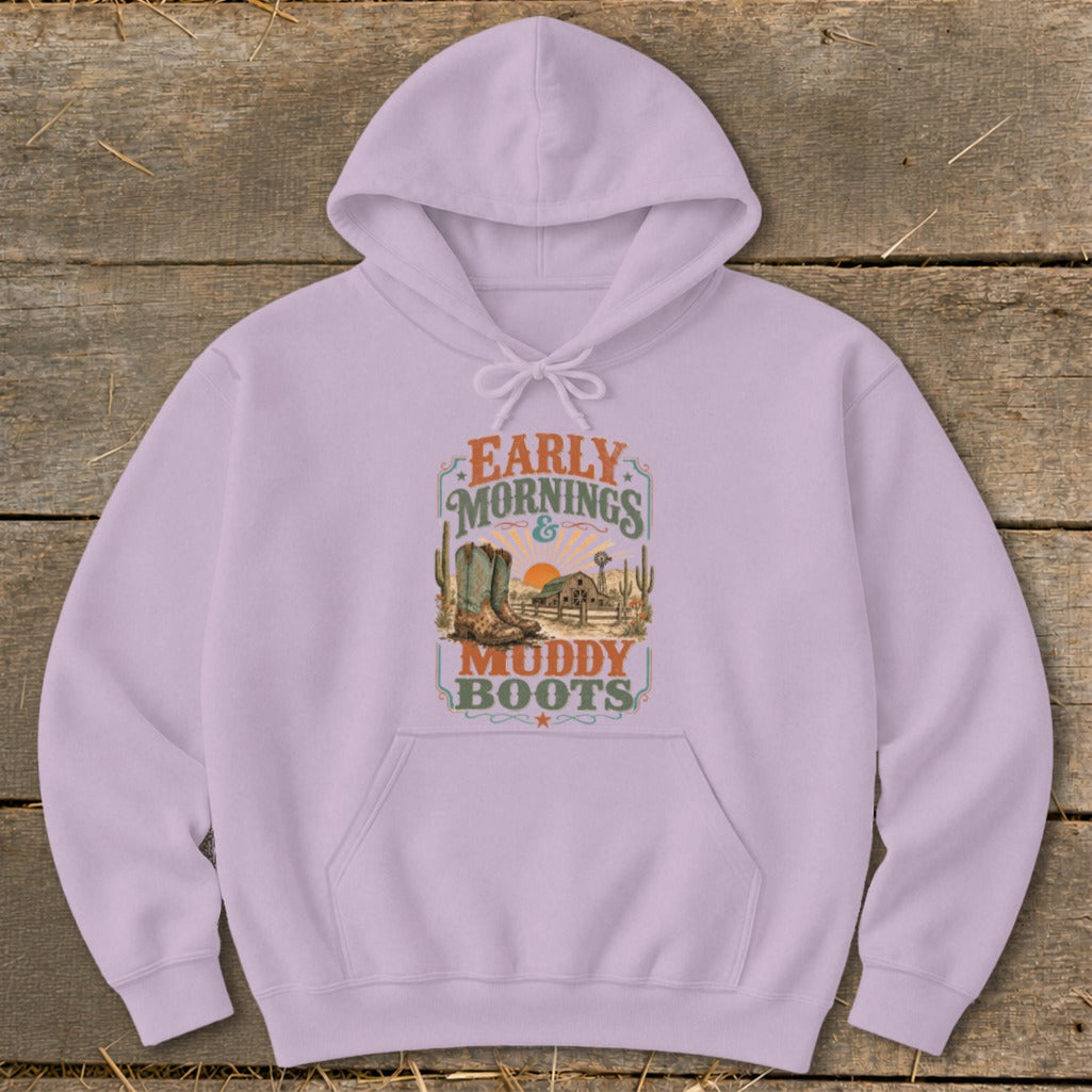 Purple hoodie with "Early Mornings & Muddy Boots" graphic and western scene.