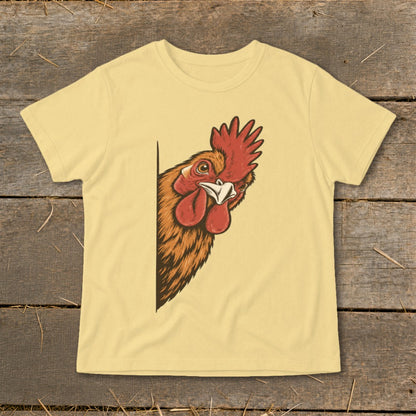 Yellow t-shirt with a peeking rooster illustration on the left side.