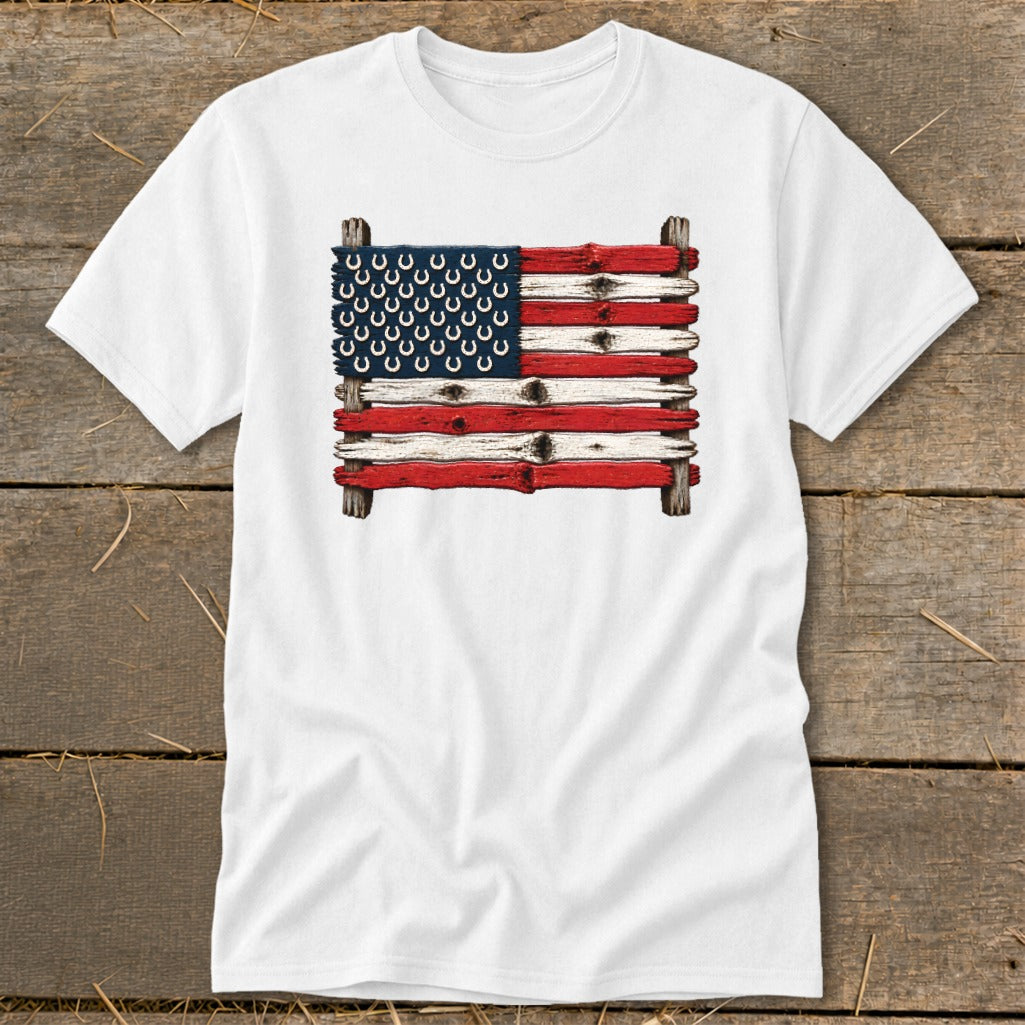 White t-shirt displaying a graphic of the American flag made of painted wooden planks with horseshoe stars.