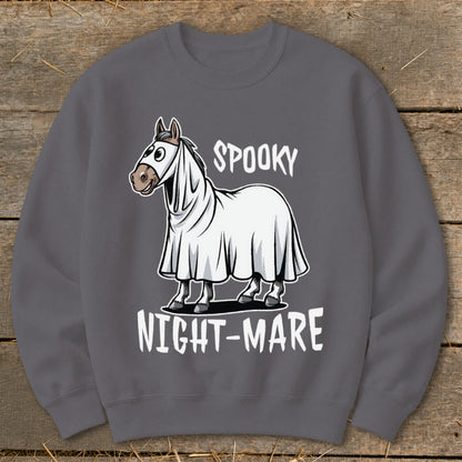 Horse in a ghost costume with "Spooky Night-mare" text.