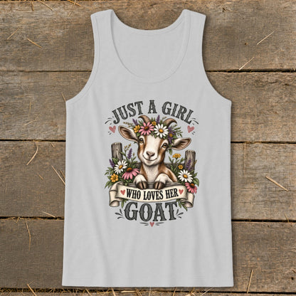 Light gray tank top with a goat wearing a flower crown and text "JUST A GIRL WHO LOVES HER GOAT".