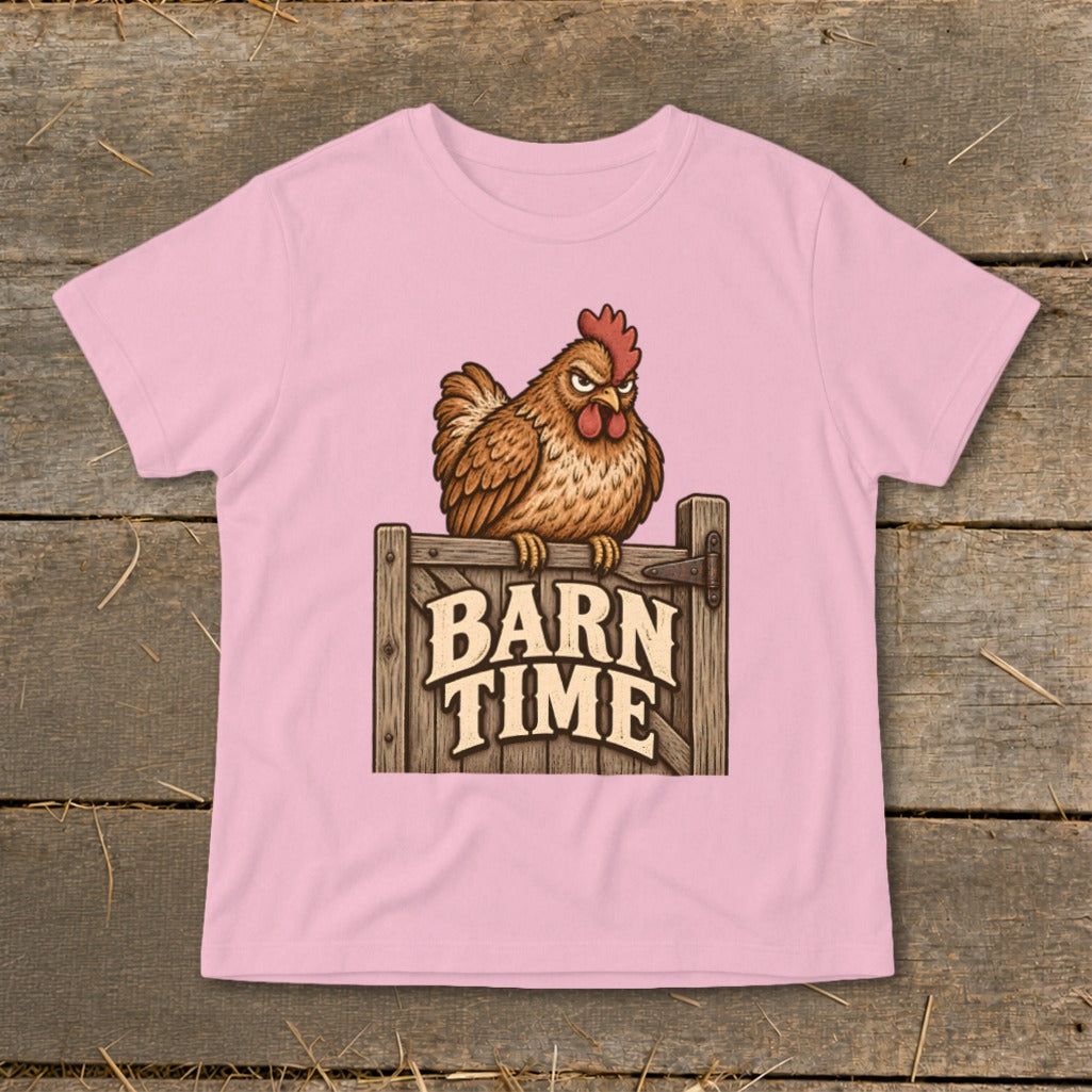 Pink t-shirt with a cartoon chicken sitting on a wooden gate with "BARN TIME" text.