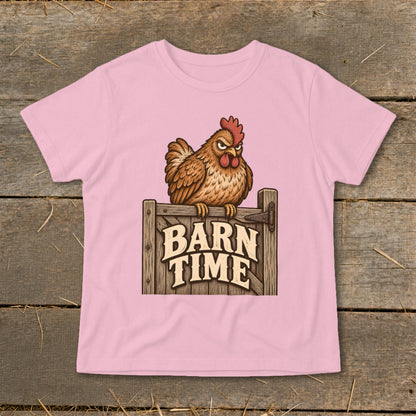 Pink t-shirt with a cartoon chicken sitting on a wooden gate with "BARN TIME" text.