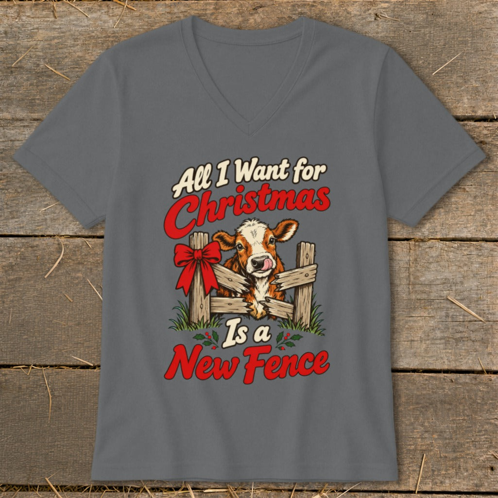 T-shirt with "All I Want for Christmas Is a New Fence" and cow illustration.