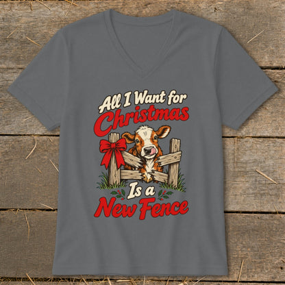 T-shirt with "All I Want for Christmas Is a New Fence" and cow illustration.