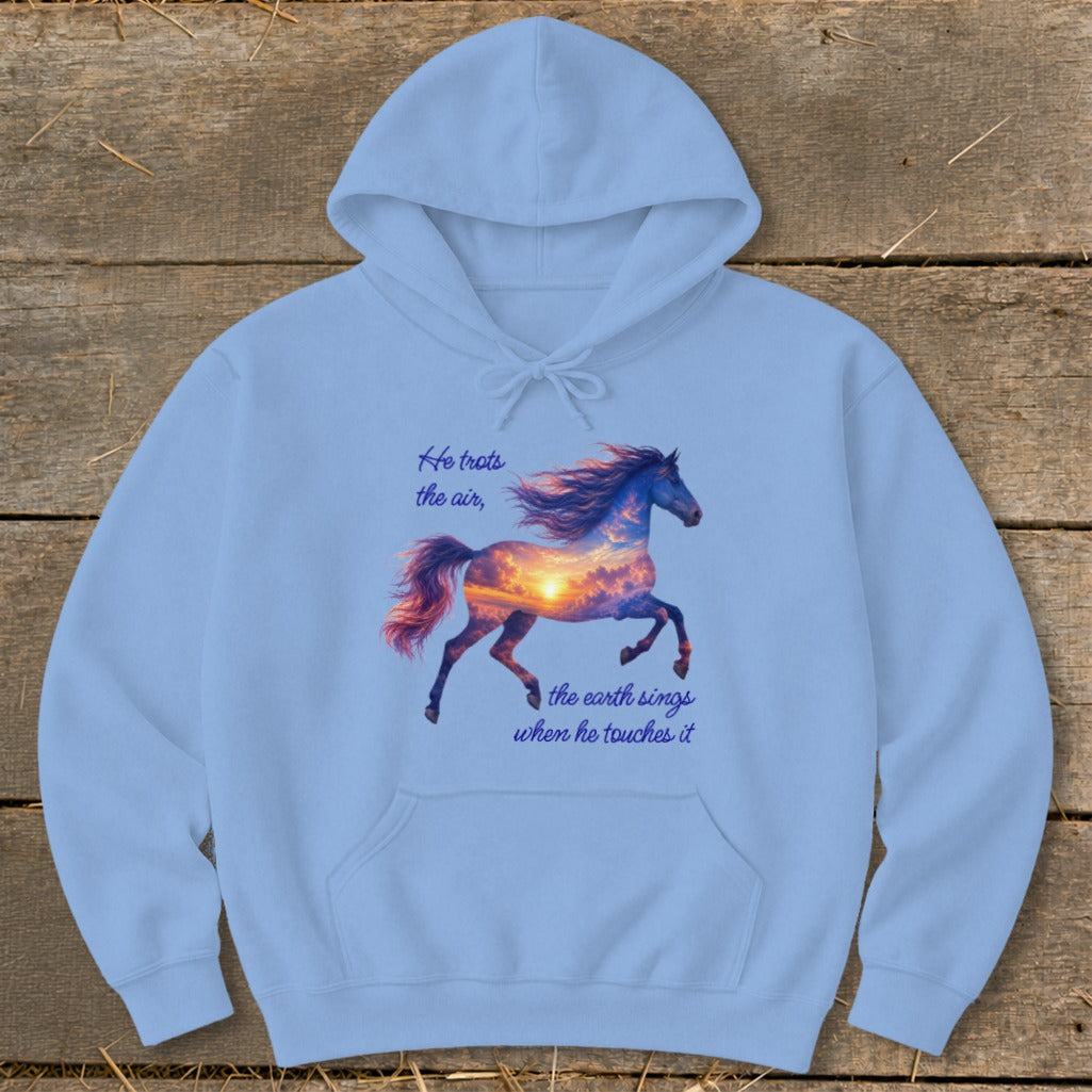 Light blue hooded sweatshirt featuring a galloping horse graphic with a sunset cloud body and accompanying text.