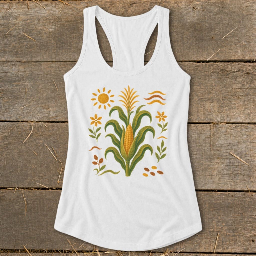 White tank top with a corn stalk, sun, and floral design.