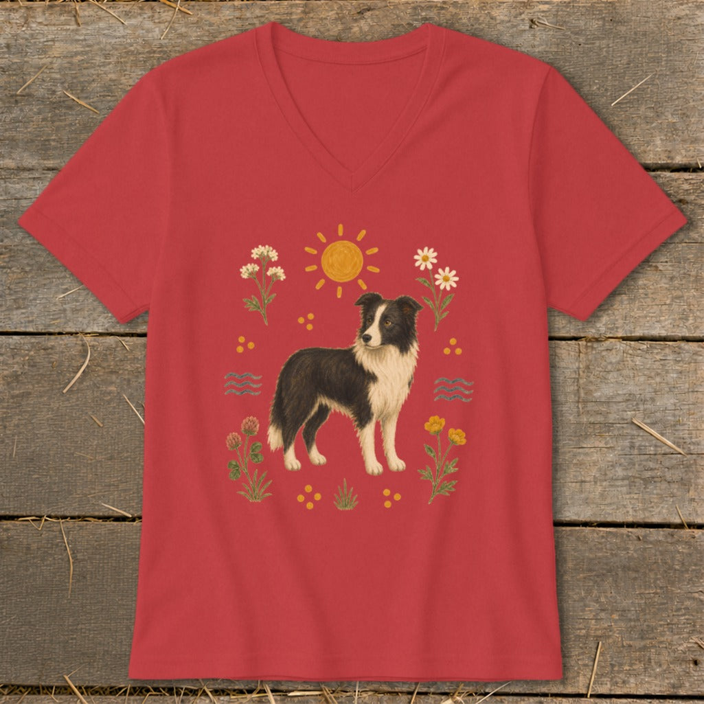 Red v-neck t-shirt with a Border Collie illustration surrounded by flowers and sun.
