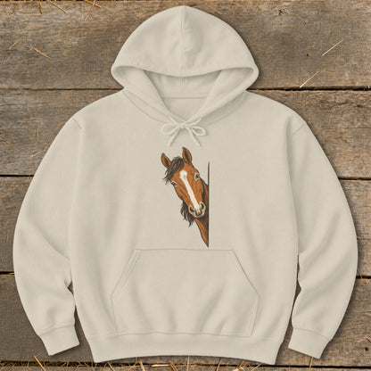 Cream hoodie with a graphic of a brown horse peeking from the side.