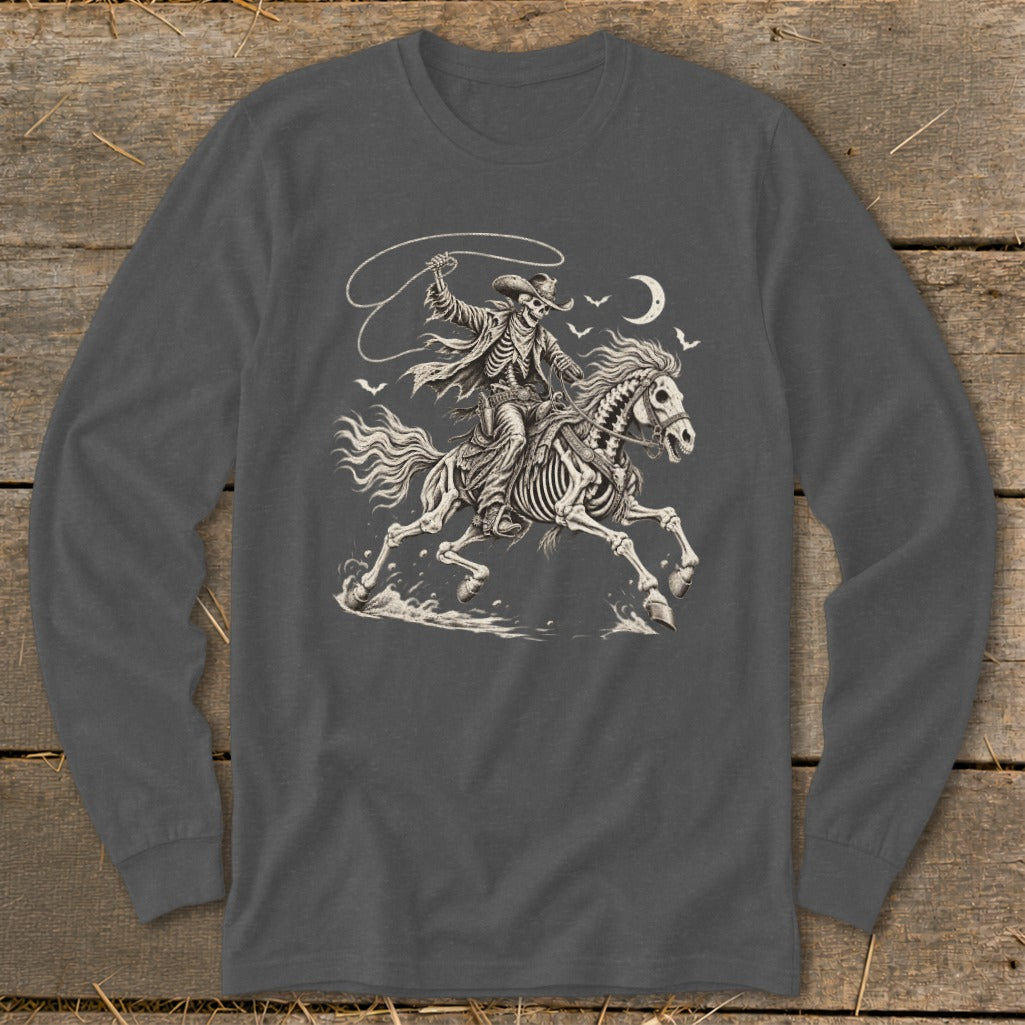 Skeleton cowboy on horseback with lasso, against a moonlit sky.