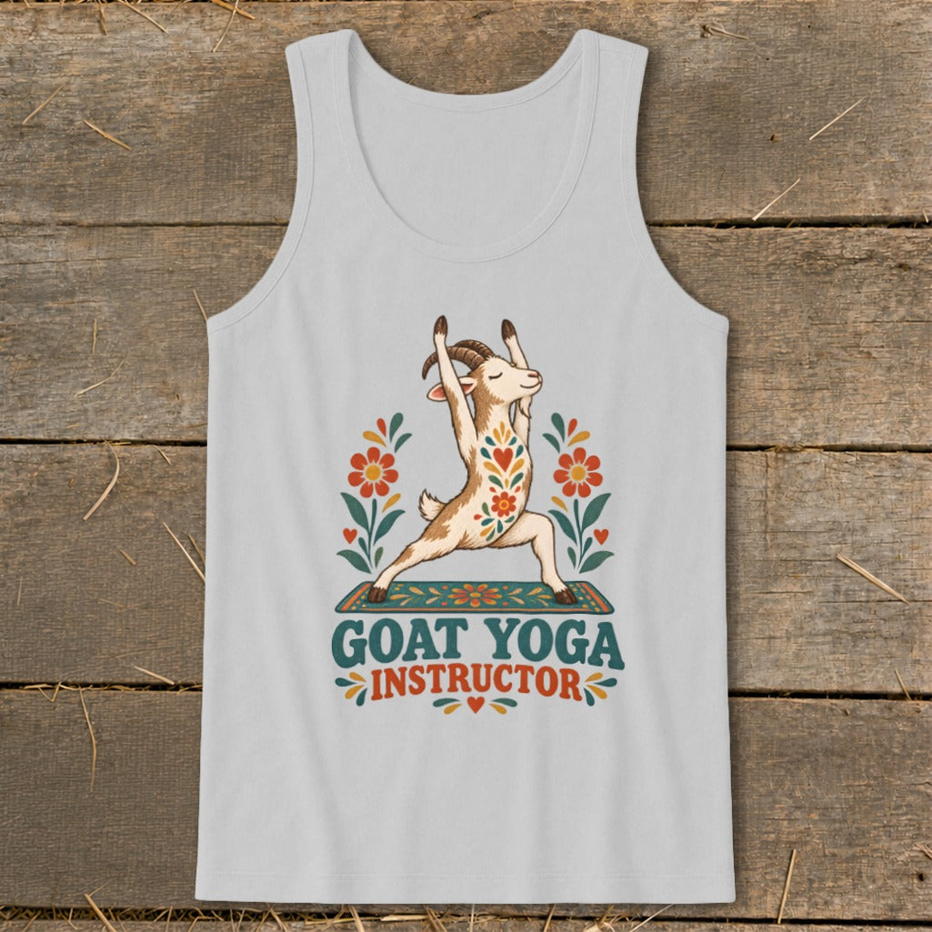 Goat in yoga pose with "Goat Yoga Instructor" text and floral accents.