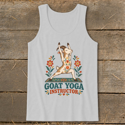 Goat in yoga pose with "Goat Yoga Instructor" text and floral accents.