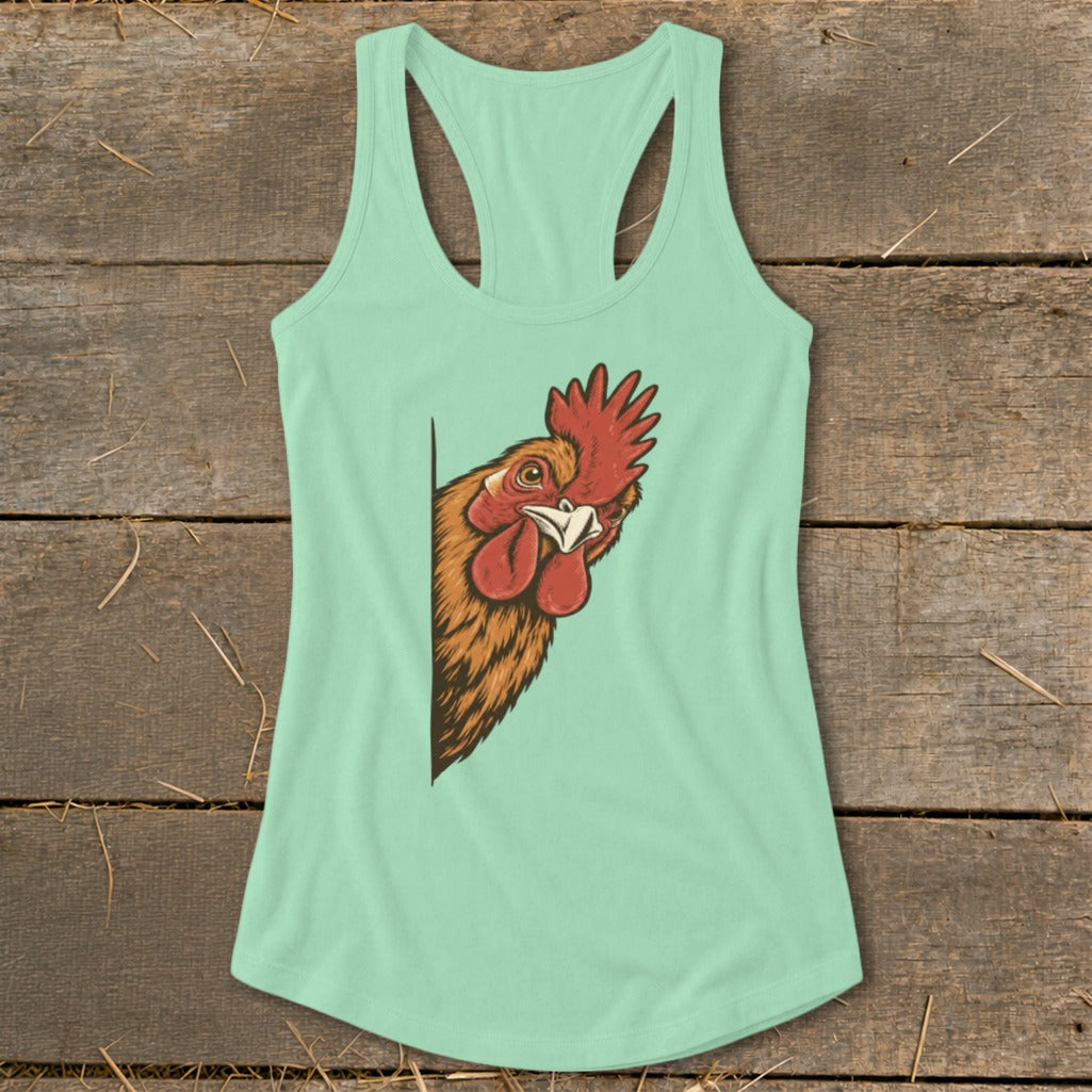 Mint green tank top with a rooster head peeking from the side.