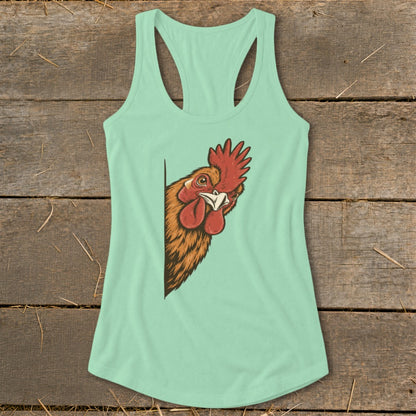 Mint green tank top with a rooster head peeking from the side.