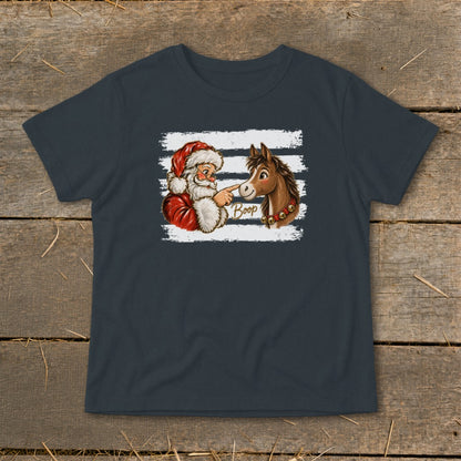 Santa booping a horse's nose with "Boop" text.