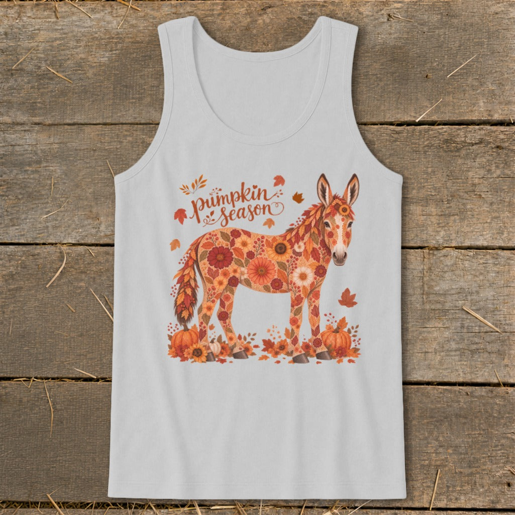 Donkey with floral autumn pattern and "pumpkin season" text on a white tank top.