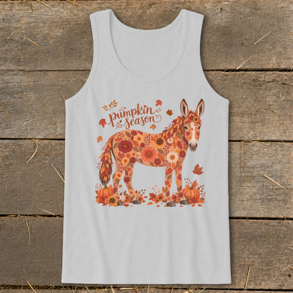 Donkey with floral autumn pattern and "pumpkin season" text on a white tank top.