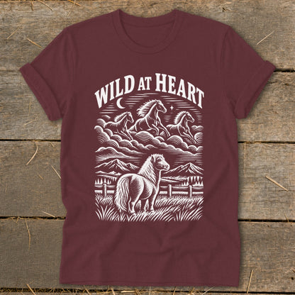 Maroon t-shirt with white graphic of horses and text "WILD AT HEART".