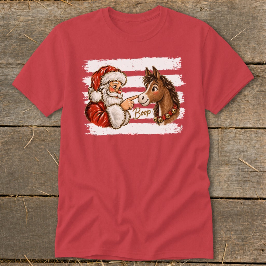 Santa booping a horse's nose with the word "Boop" in text.