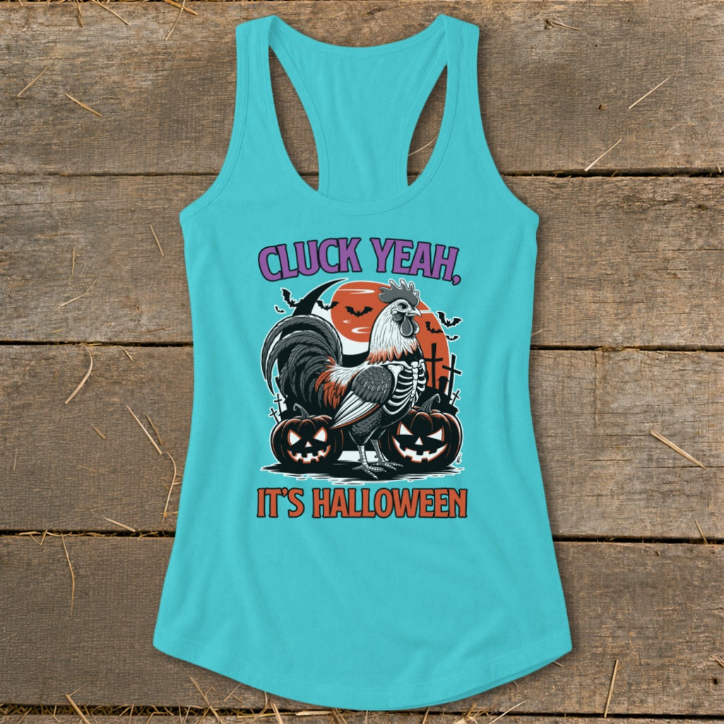 Turquoise tank top with a rooster skeleton, pumpkins, bats, and the text "CLUCK YEAH, IT'S HALLOWEEN".