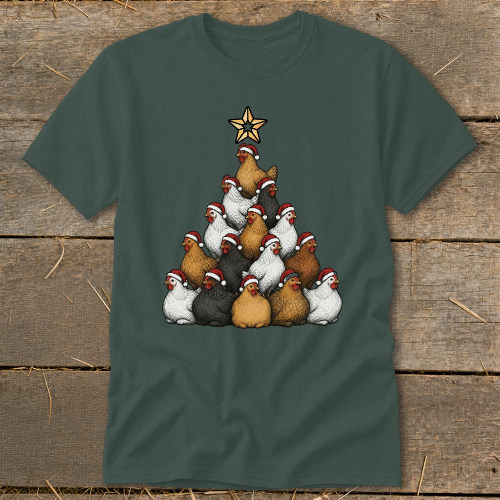 Christmas tree made of chickens wearing Santa hats, topped with a star.
