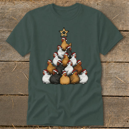 Christmas tree made of chickens wearing Santa hats, topped with a star.