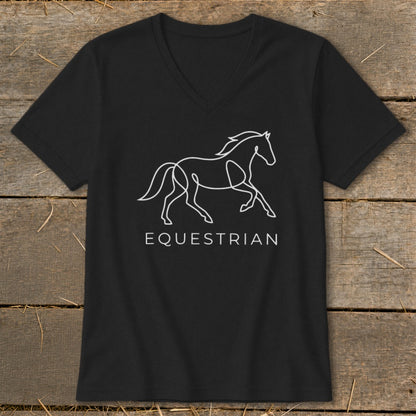 Black v-neck t-shirt with white line art of a running horse and "EQUESTRIAN" text.