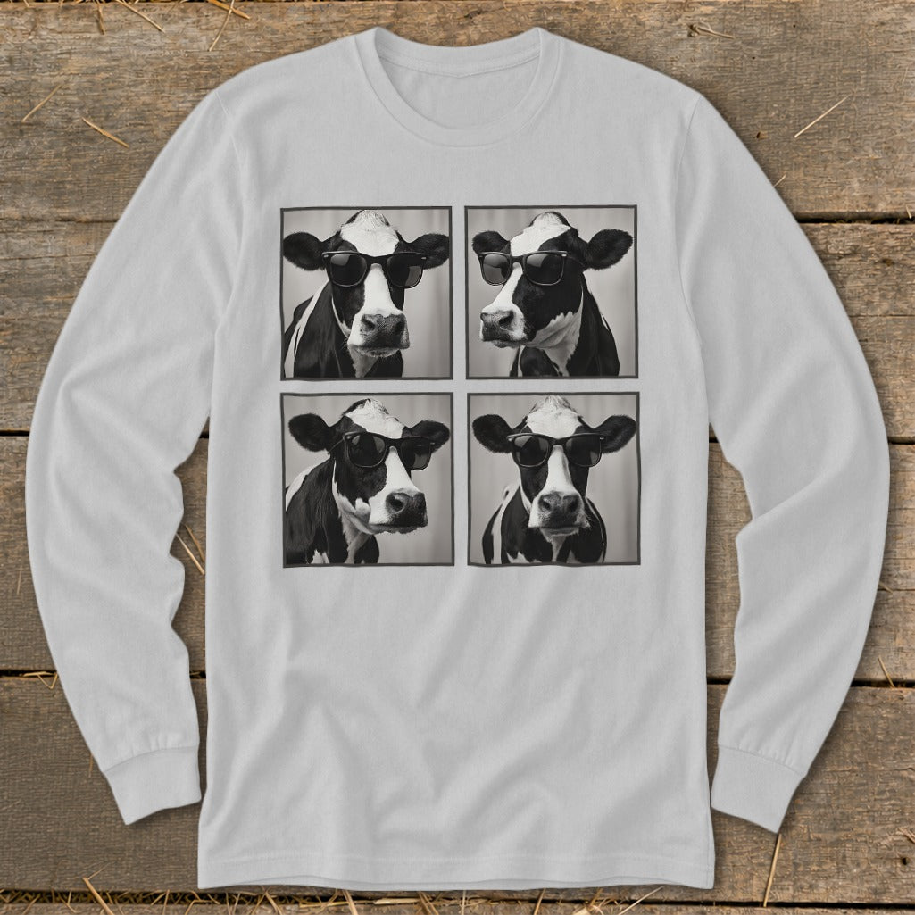 Four black and white cows wearing sunglasses, arranged in a four-panel grid.
