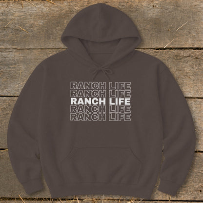 Dark brown hooded sweatshirt with the words Ranch Life printed repeatedly in white across the chest.