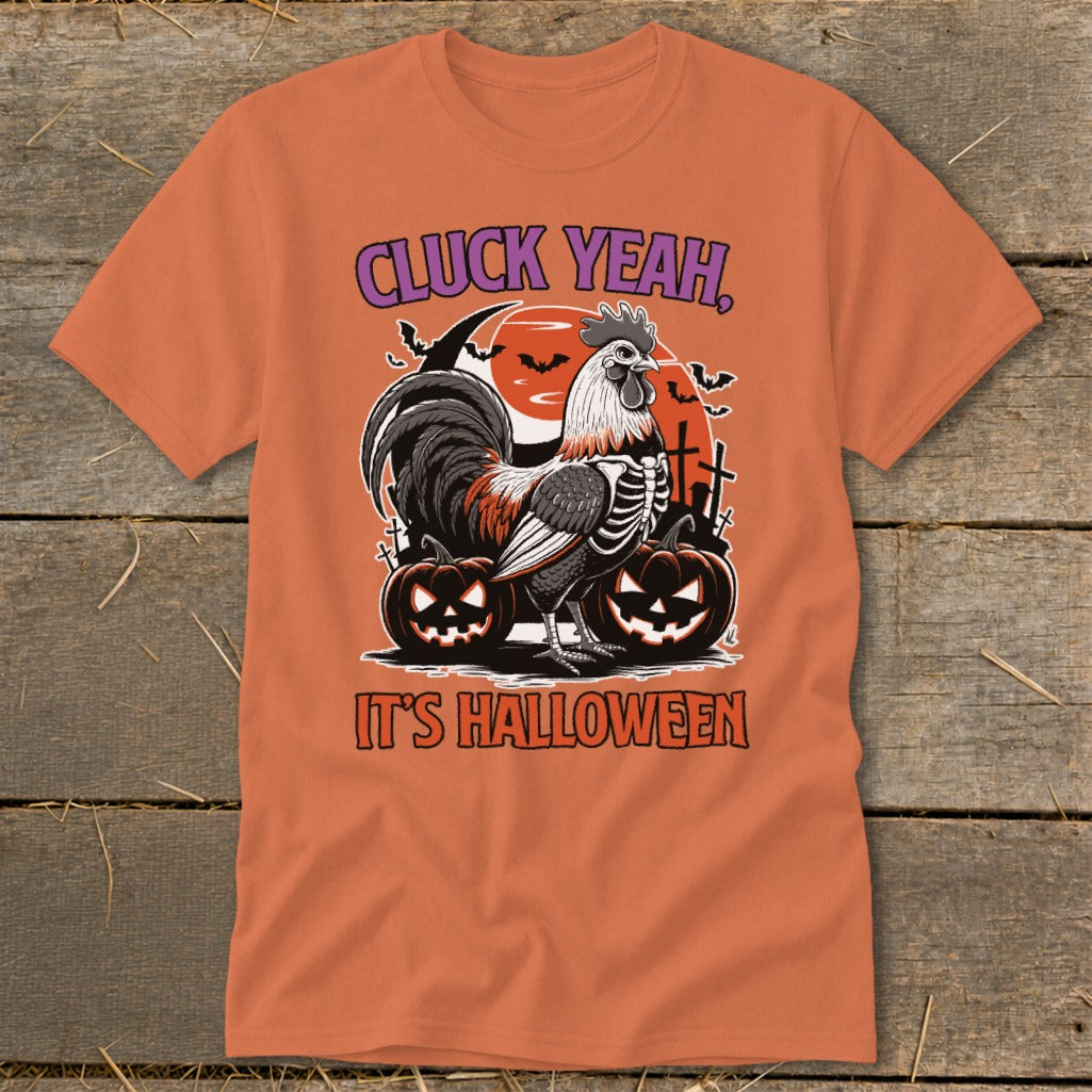 Rooster skeleton graphic with pumpkins and text "CLUCK YEAH, IT'S HALLOWEEN".