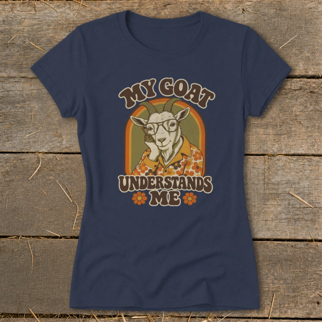 Navy t-shirt with graphic of goat wearing glasses and floral shirt, text "MY GOAT UNDERSTANDS ME".