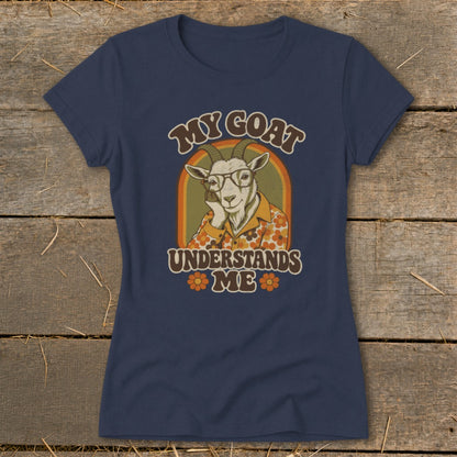 Navy t-shirt with graphic of goat wearing glasses and floral shirt, text "MY GOAT UNDERSTANDS ME".